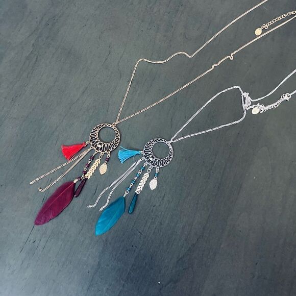 Silver Gold Boho Feather Long Necklaces Bundle Lot - Picture 2 of 5